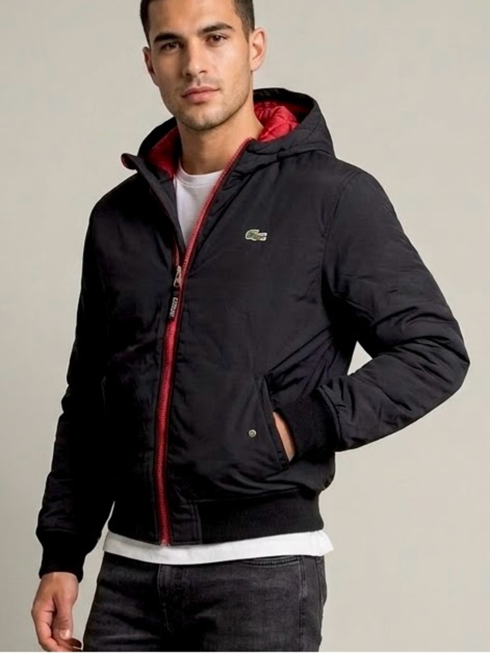 Lacoste Sport Retro Padded Hooded Bomber Jacket Black & Red - Men's Size 50 (M)
